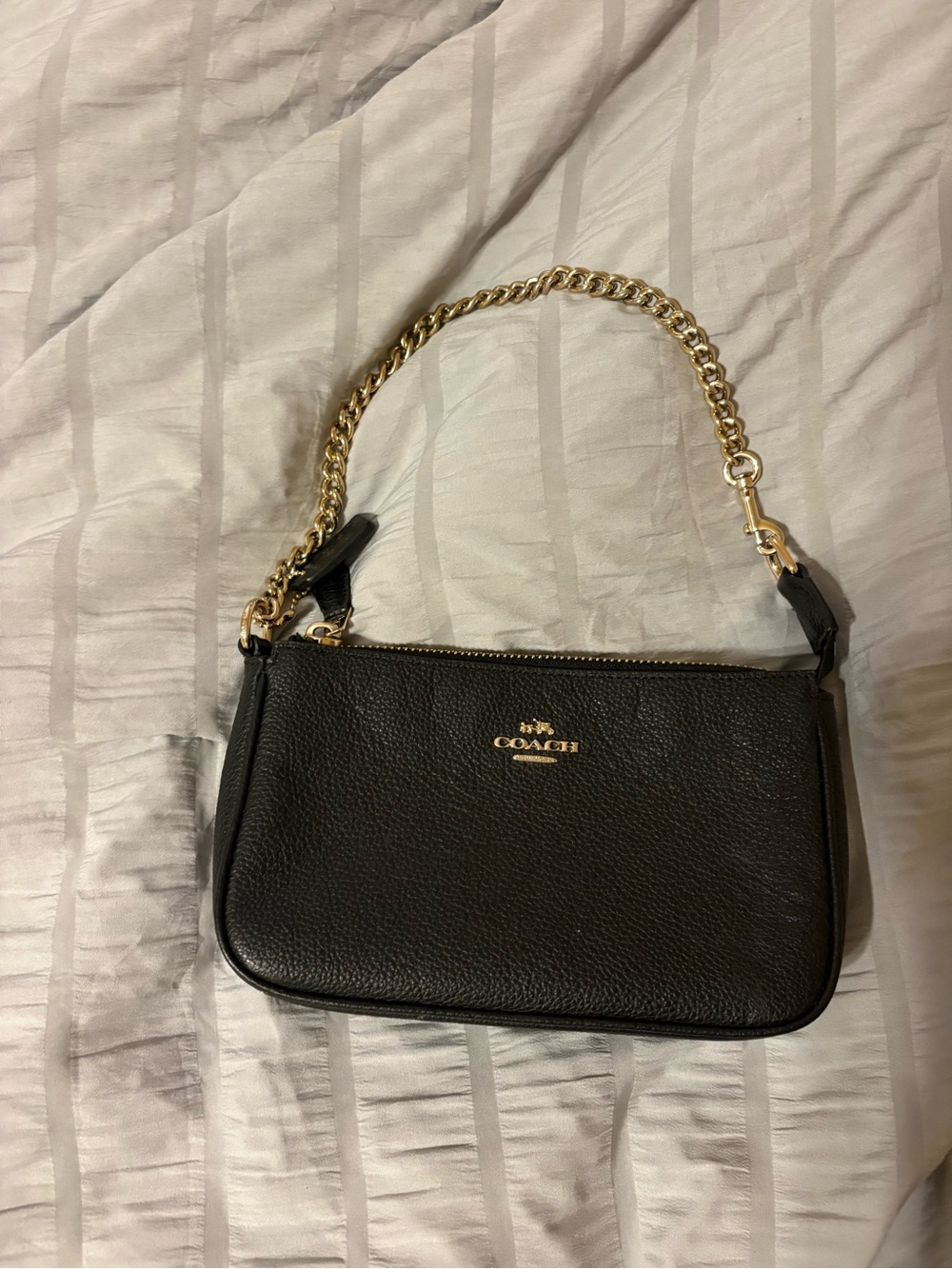 Coach Black Pebbled Leather Mini Bag with Gold Chain Strap